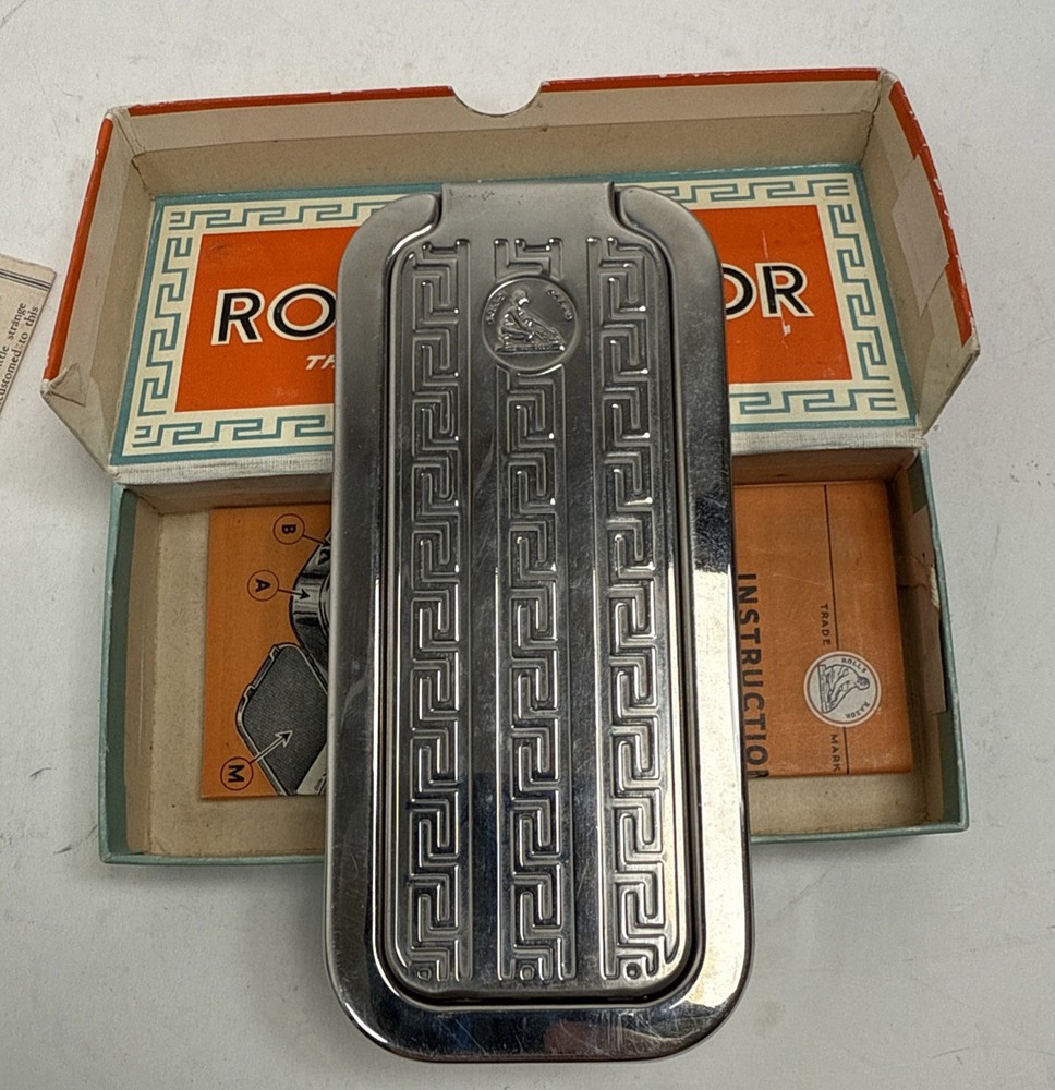Vintage 1920s Rolls Razor-Blade Sharpener Tool-England-Beautiful Silver Case