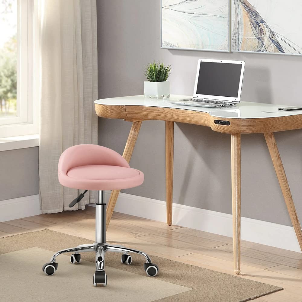 PU Leather Round Rolling Stool with Back Rest Height Adjustable Swivel Drafti...