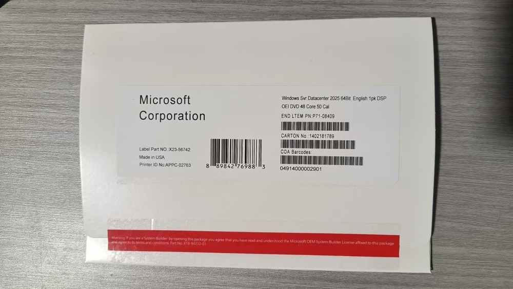 Microsoft Windows server 2025 Datacentre 64Bit 48 Core 50CAL DVD&KEY