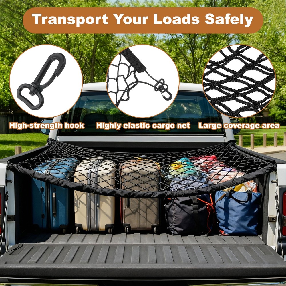 Truck Cargo Net, 28 x 28 Inch Adjustable Elastic Net with 4 Hooks, Black