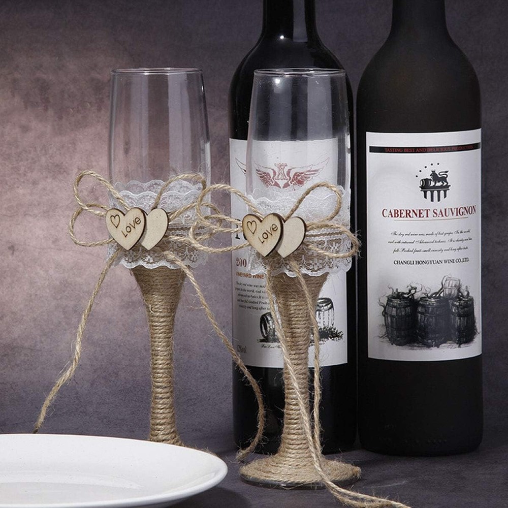 4 Pcs Set Rustic-Style Wedding Cake Knife and Server Set with Champagne Glasses