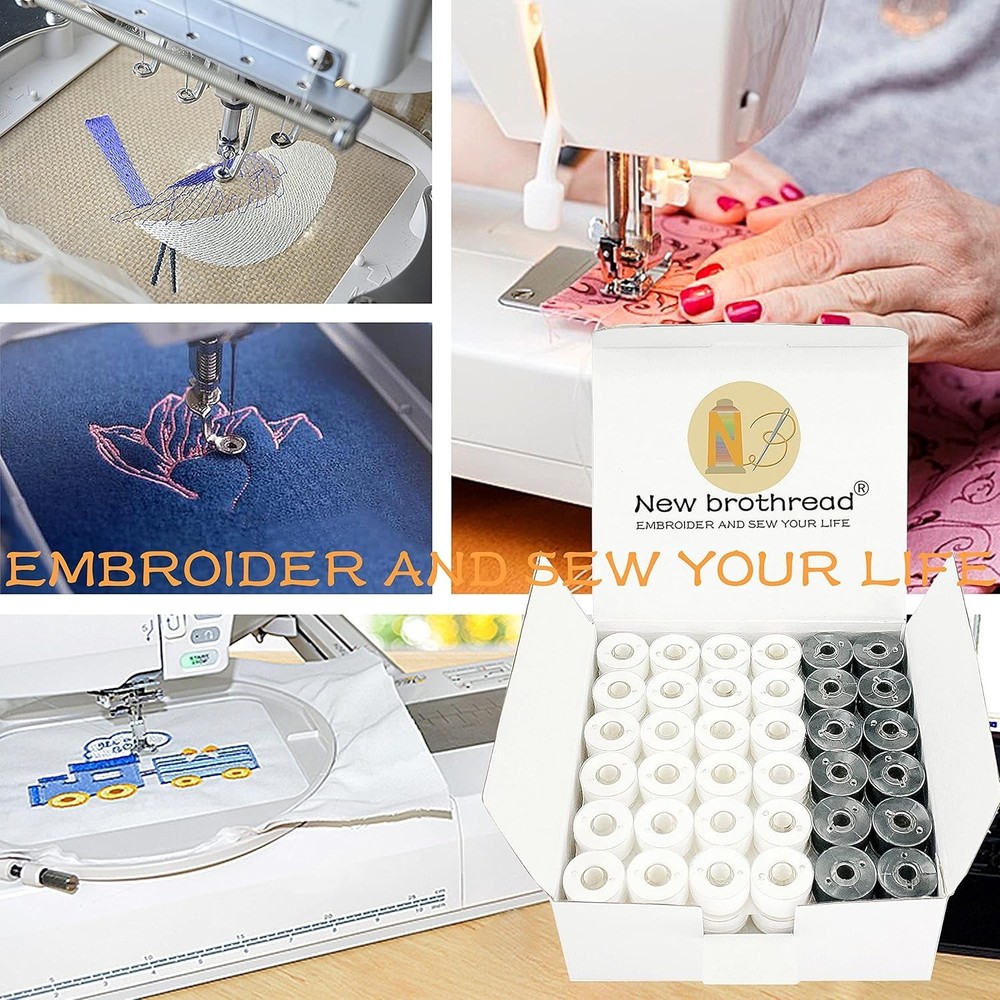 144-Pcs Prewound Type L Bobbin Threads - 96 White + 48 Black - Soft Polyester