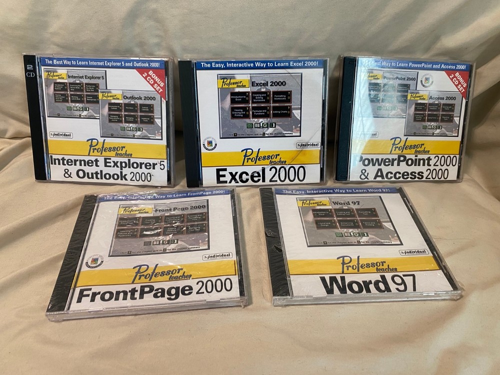 Professor Teaches Windows Word Excel PowerPoint Front Page 2000 Training CDs Set