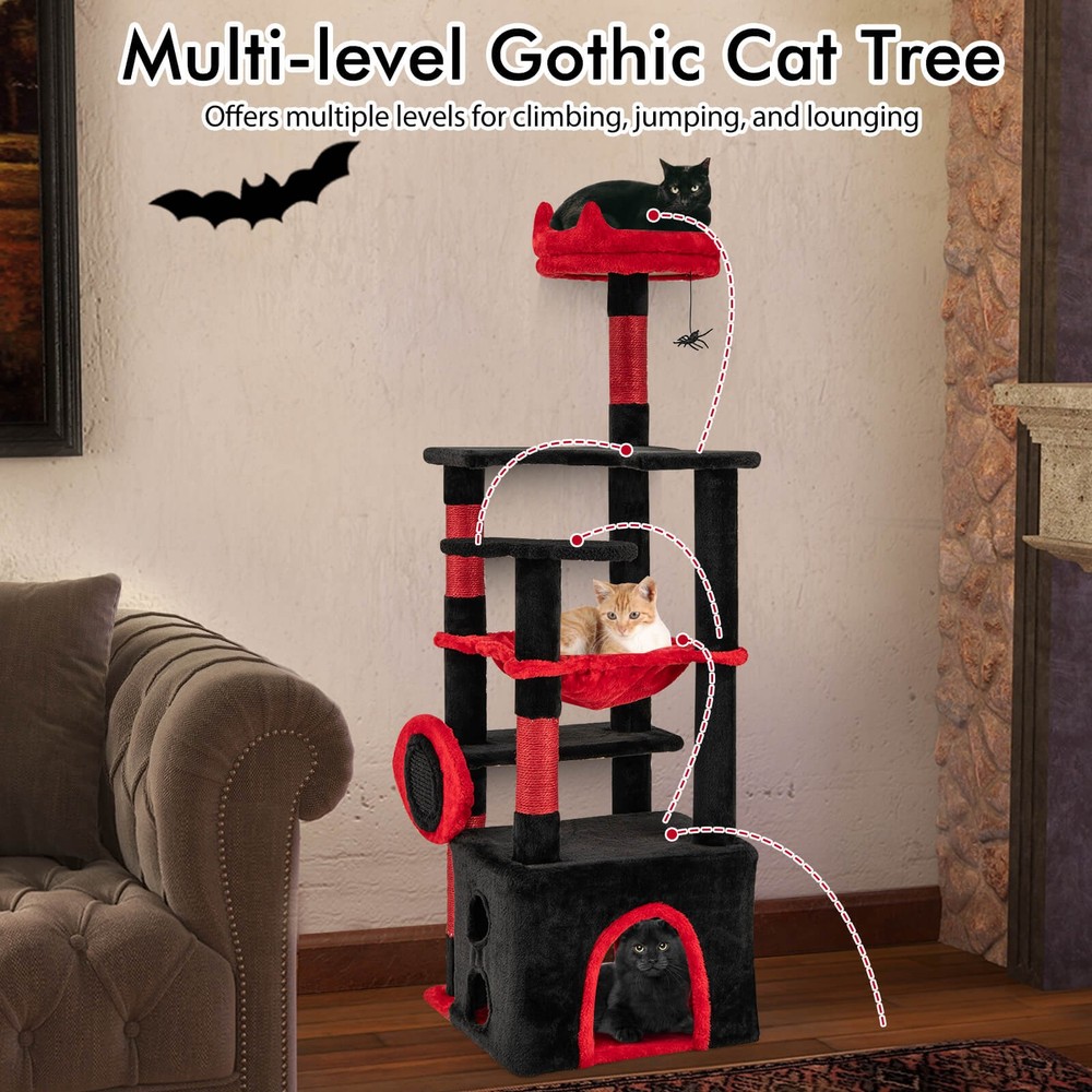 52'' Gothic Cat Tree w/ Plush Perch & Condo Hammock& Hanging Spider Toy
