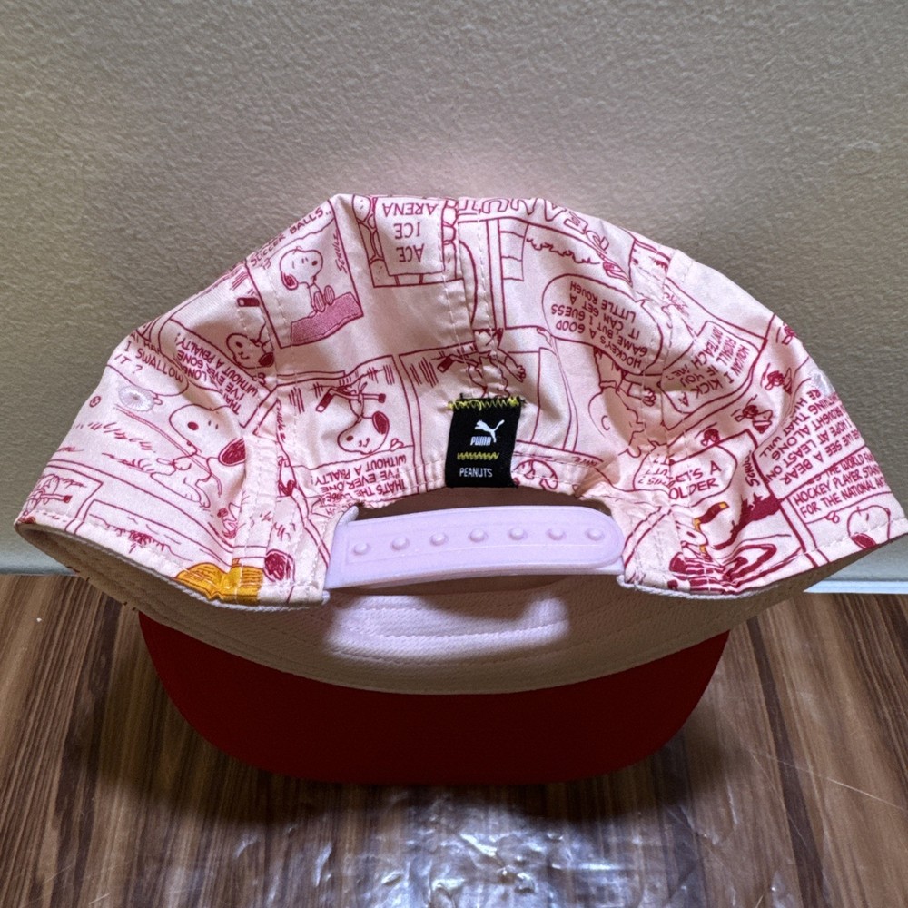 PUMA x PEANUTS Snoopy 5 Panel Kids' Cap Hat Snap Back Red Pink Comic