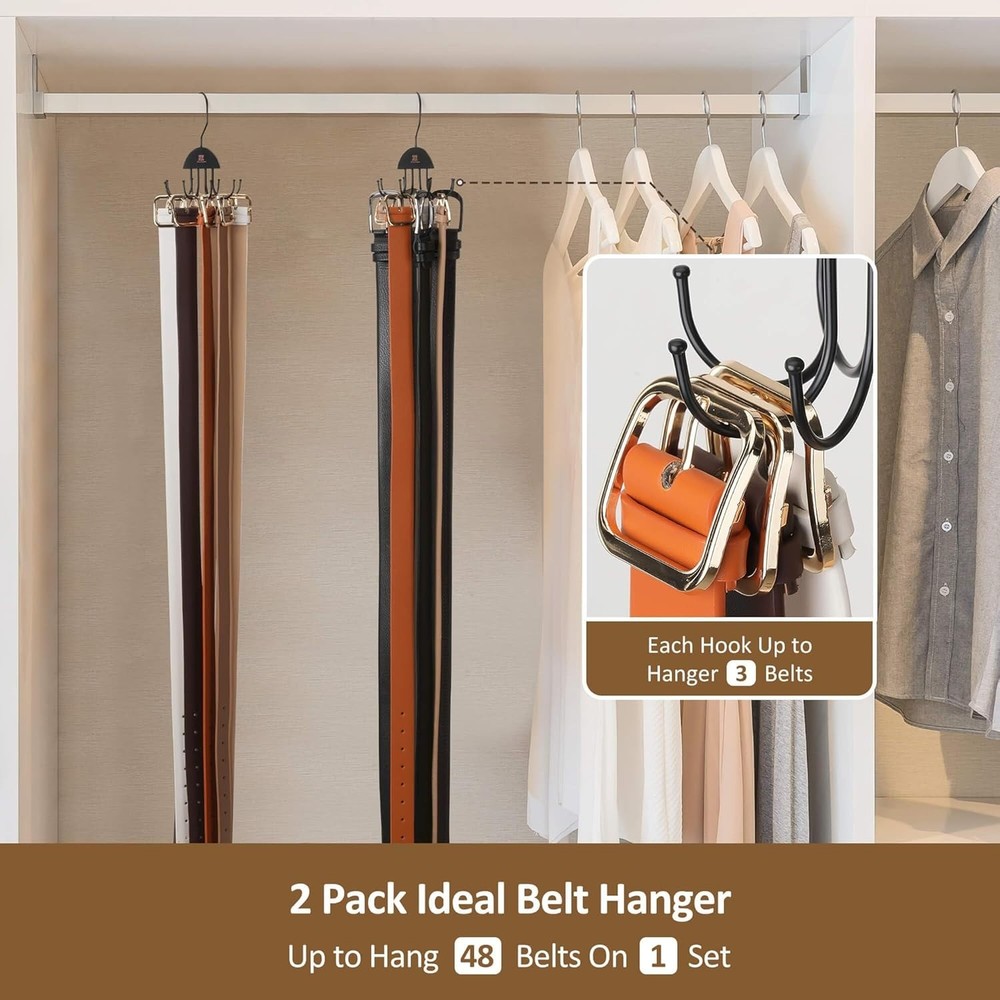 2 Pack Belt Hanger Rotatable Belt Organizer, Space Saving Belt Rack with 16 A...