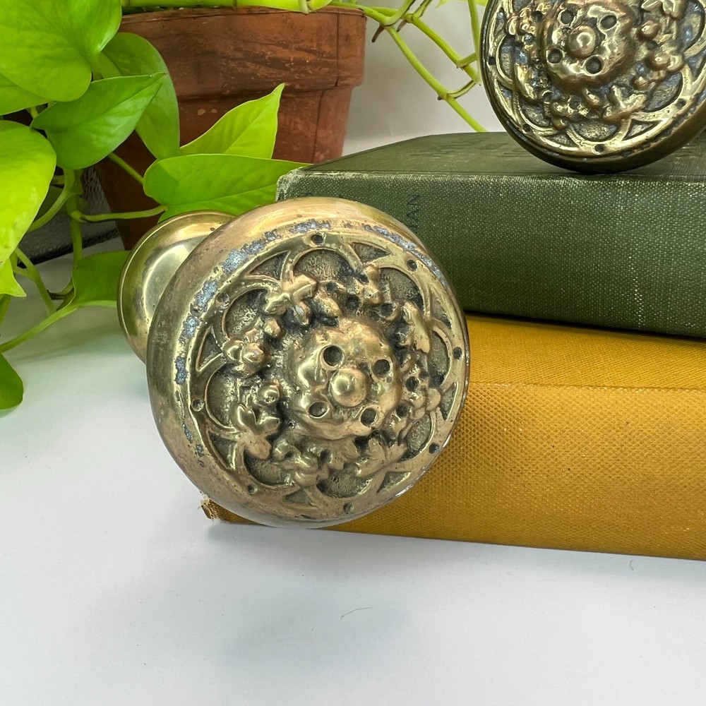 Solid Brass Door Knobs Ornate Floral Rosette Victorian Style Pair