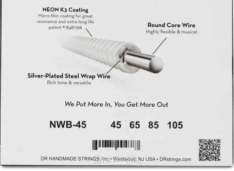 DR Strings NEON Electric Bass Guitar Strings - .045-.105 Medium, White