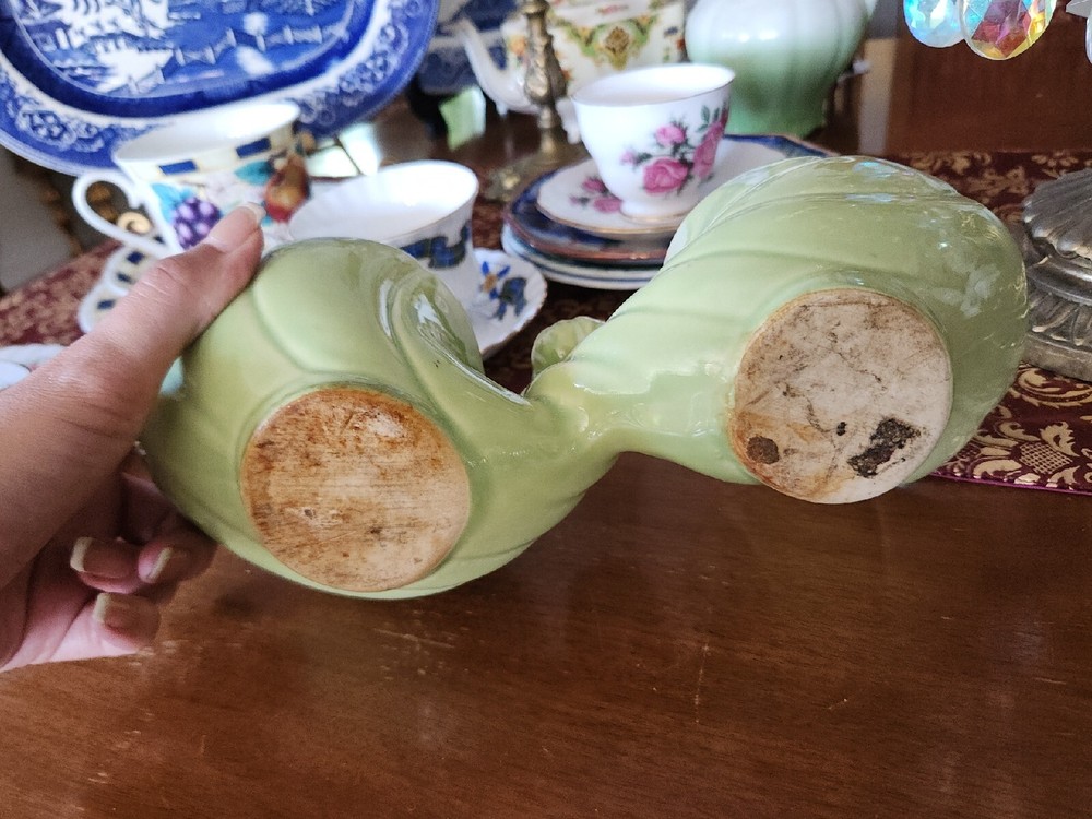 Retro Vintage Green Glazed Double Cornucopia Ceramic Planter