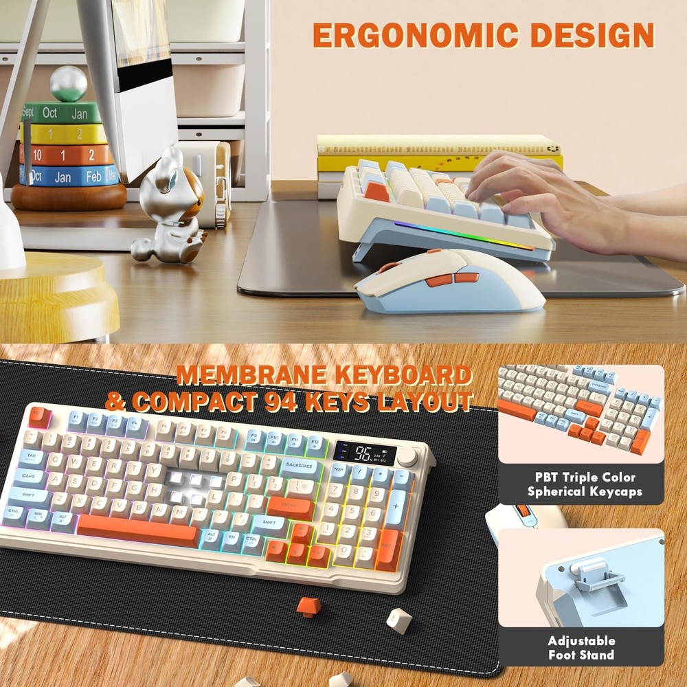 T96 Smart Display Wireless Gaming Keyboard and Mouse Comb, 94Key LED Lighting...