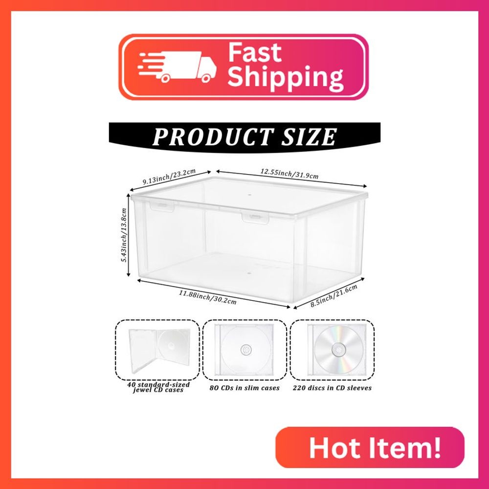Stackable Clear Plastic CD Organizer,11.9"x 8.5"CD Storage Box, Clear CD Holder