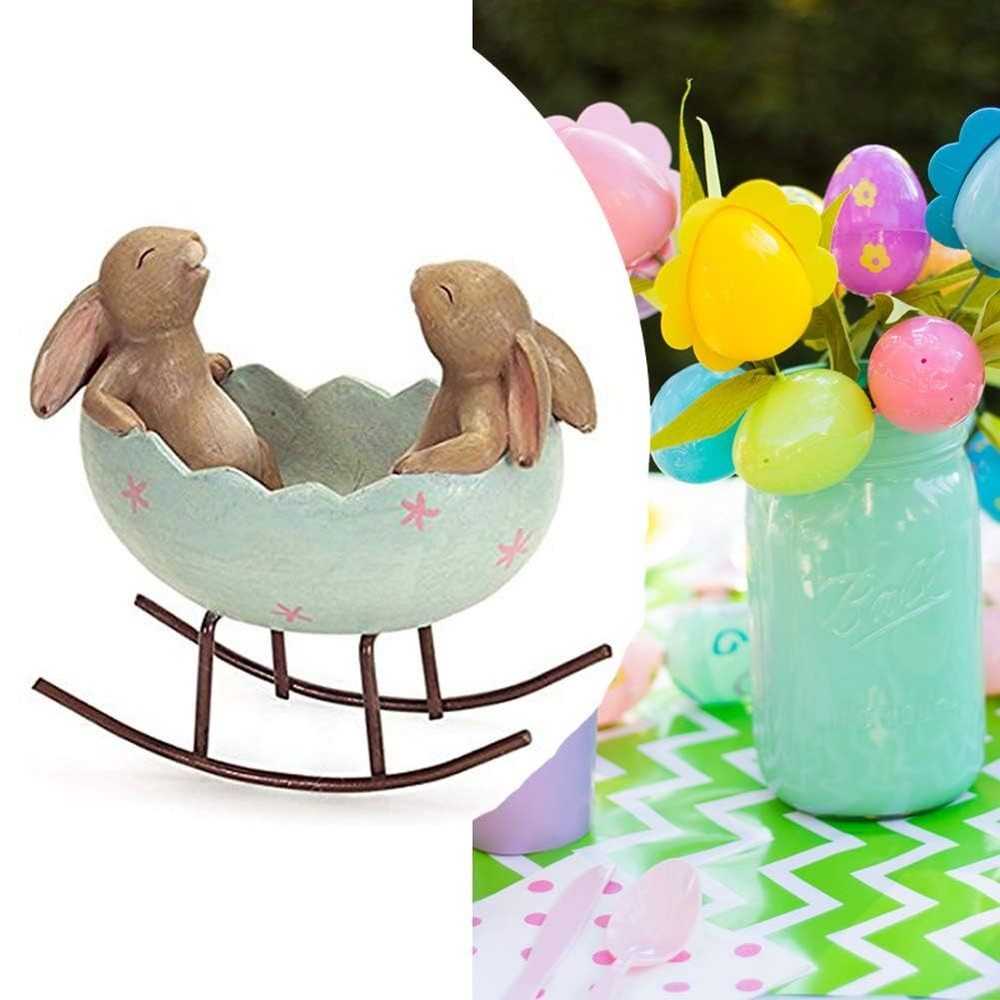 KiaoTime Laughing Bunny Rabbits in Easter Egg Cradle Spring Decor 5" H