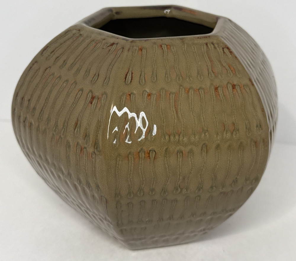Ceramic Planter Vase Brown Green Six Sided 5x7"