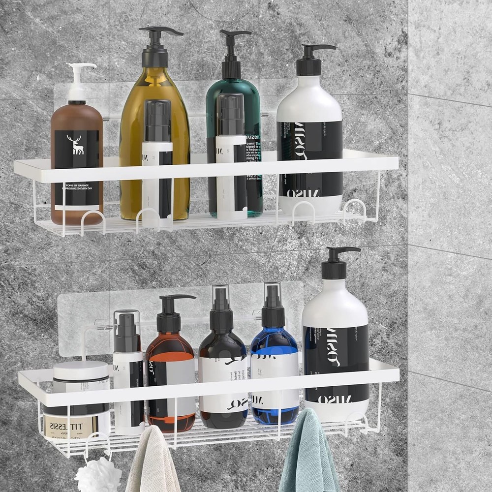 2 Pack Adhesive White Shower Caddy Organizer with Hooks, Rustproof No Drillin...