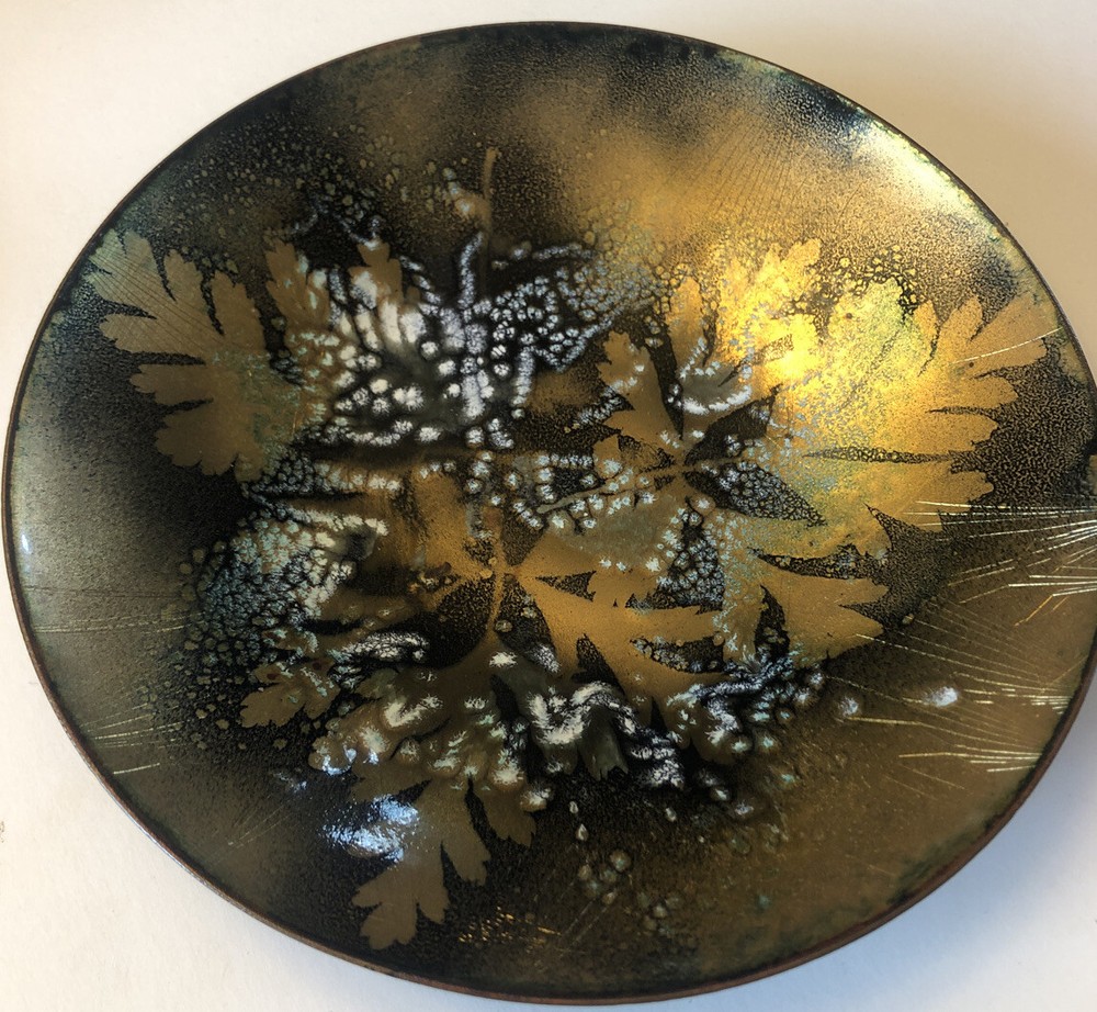 Mid Century Modern Enamel Dish Bowl Signed 7” Oak Leaf