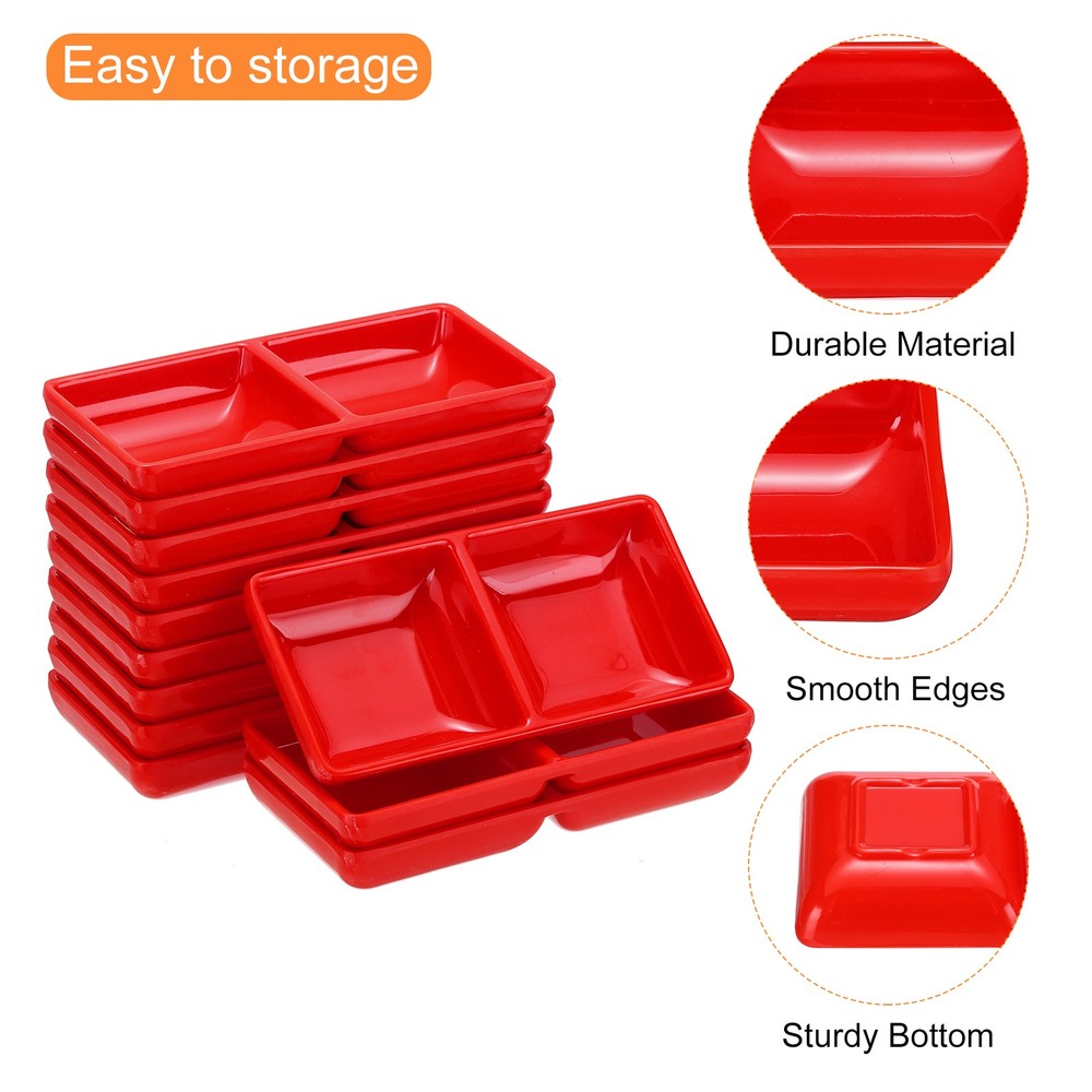 12Pcs Square Dipping Bowls Red with 2 Compartment Divided