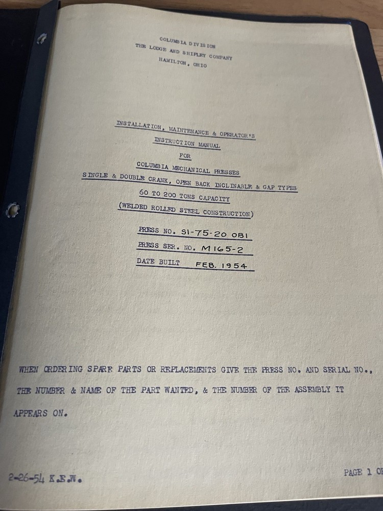 Colombia Machinery & Engineering Corp. Operating Instructions /Maintenance DATA