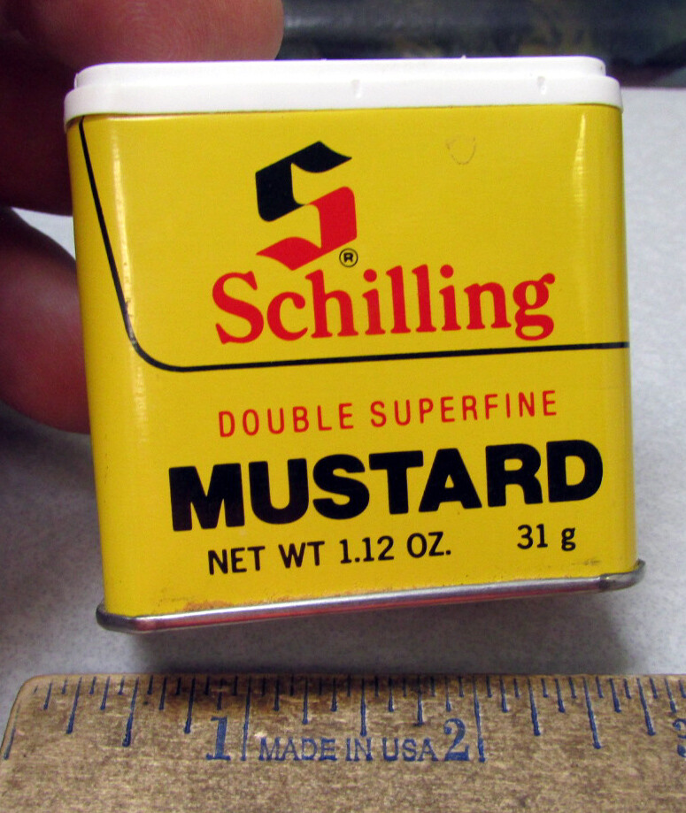 Schilling MUSTARD 1.12 oz spice tin, empty, 1970s version, Cheese Biscuits back