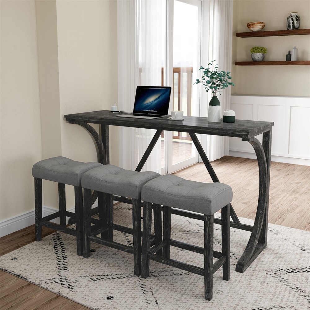 4 Piece Bar Table Set Counter Height Kitchen Dining Table with 3 Bar Stools