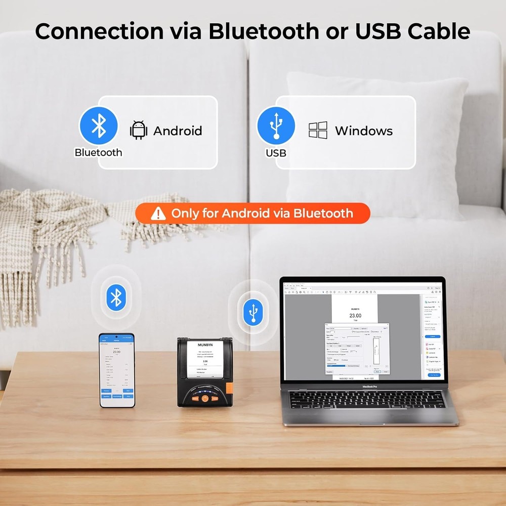 MUNBYN Bluetooth Receipt Mobile Printer, POS, Portable for Android/Windows, 58mm