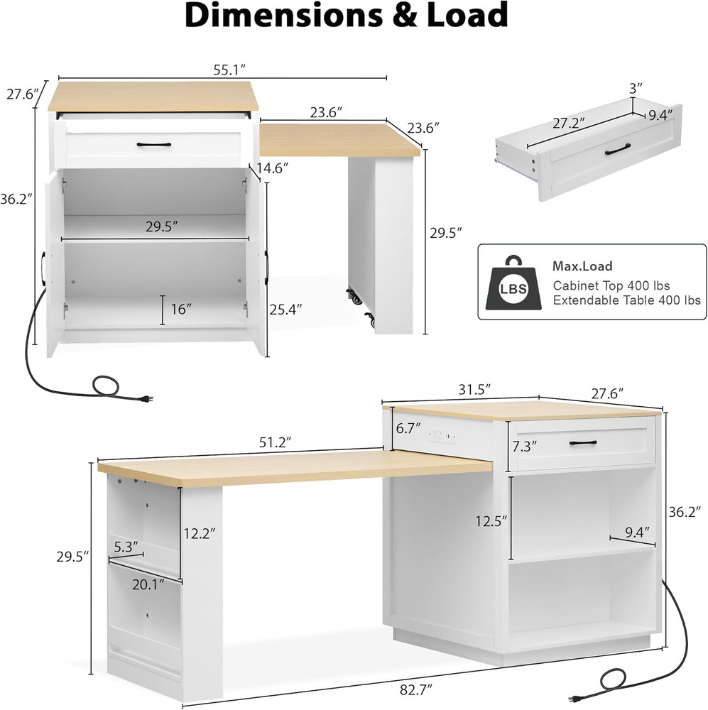 82.7" Kitchen Island with Extendable Table & Storage - White Oak