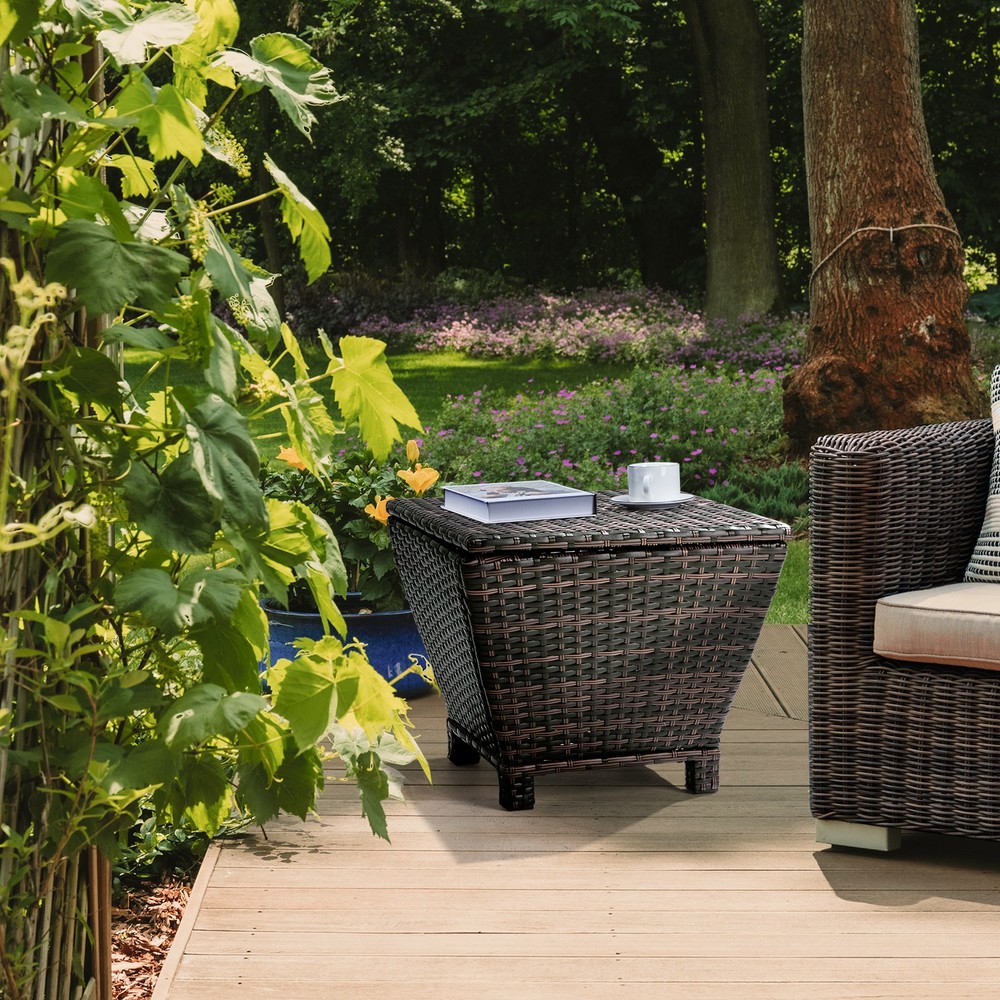 Outdoor PE Wicker Side Table with Storage, Small Patio Storage Bin Container