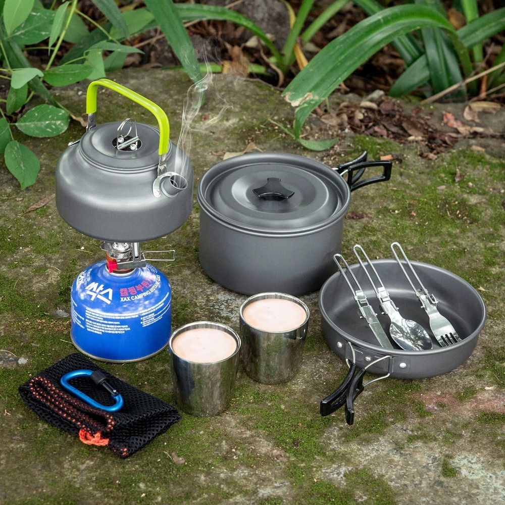 Odoland Camping Cookware Mess Kit, Lightweight Pot Pan Kettle with 2 Cups, Fork