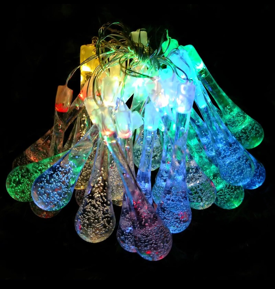 20 Foot Solar Powered Water Drop String Lights - 59 LED Multi Colored, 8 Modes