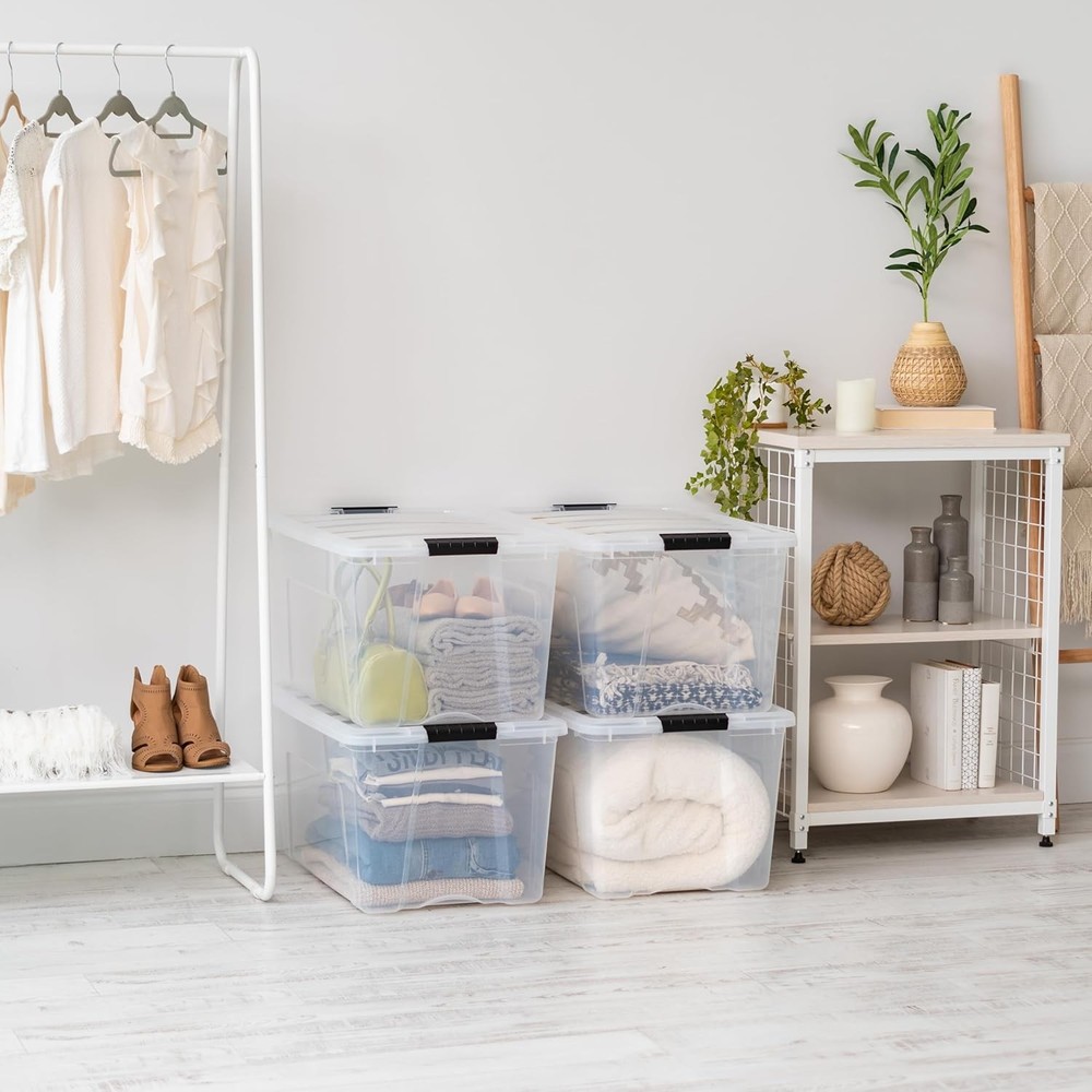 72 QT Plastic Storage Box with Lid - 4-Piece Set, Stackable Containers, Clear