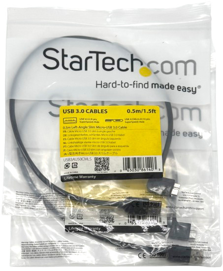 2 Pack of StarTech 0.5m (1.5ft) Slim Micro USB 3.0 Cable - Left-Angle Micro-USB