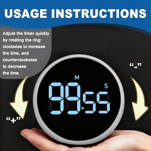 Digital Kitchen Timer, Magnetic Countdown Countup Visual Timer with Silver