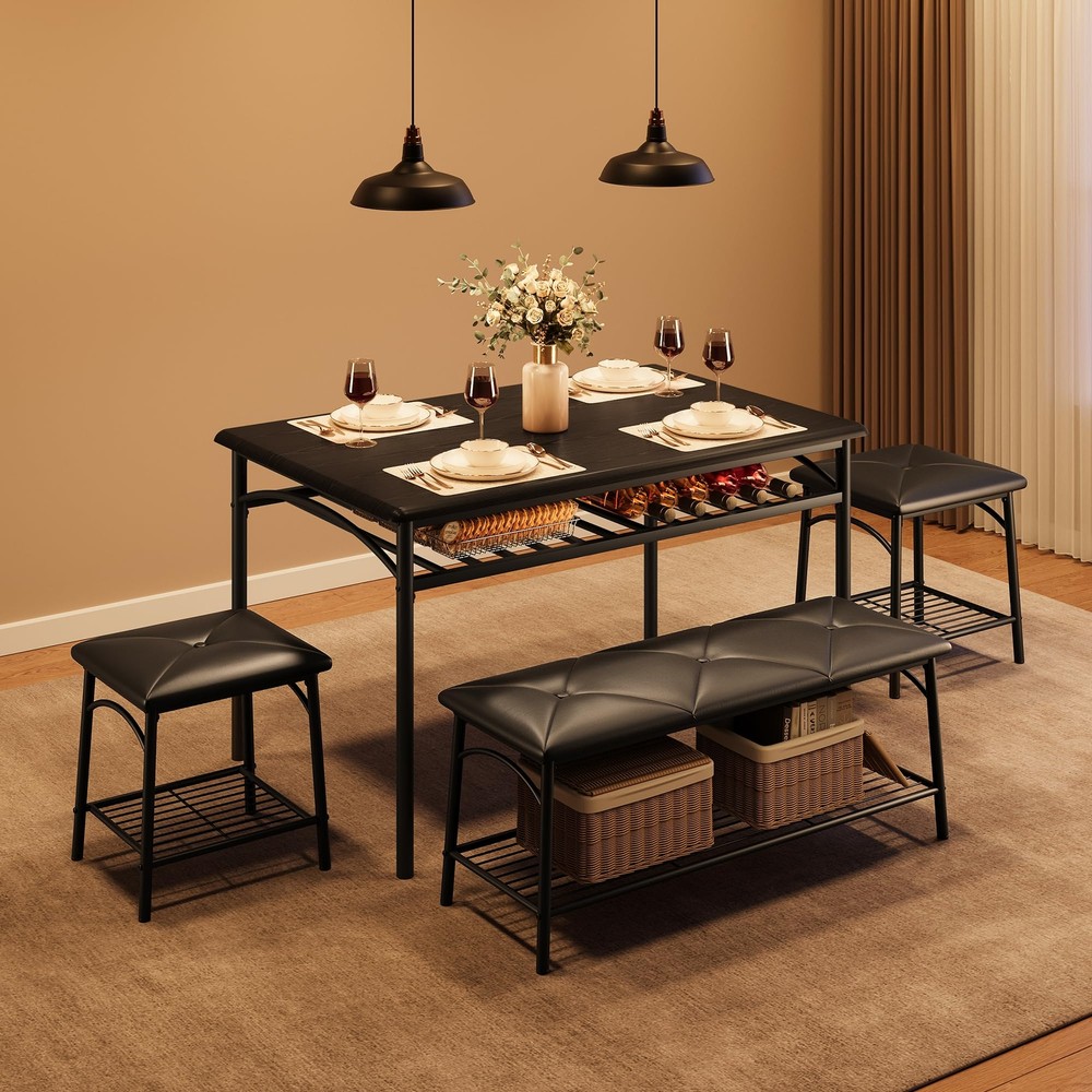 Dining Table Set for 4 Kitchen Table Set w/Upholstered Bench and Stools Storage