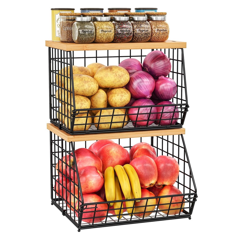 2PCS Stackable Wire Basket Organizer with Wood Top Kitchen Storage Fruit Bread