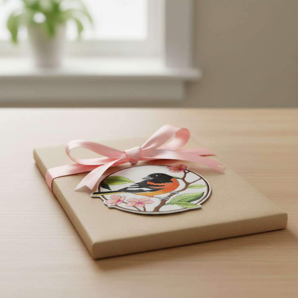 Oriole & Cherry Blossom Circle Embroidered Patch