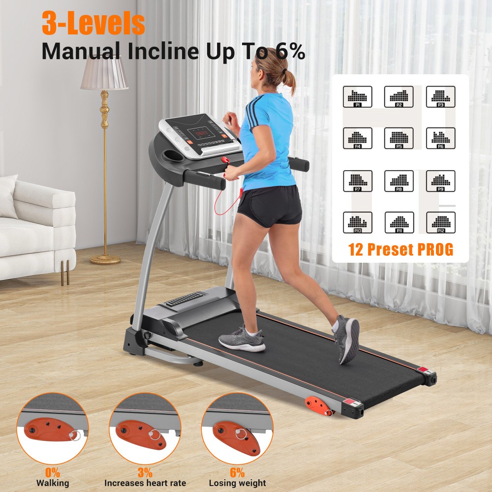 Easy Folding Treadmill 2.5HP 3-Level Incline Device Holder Pulse Sensor Home