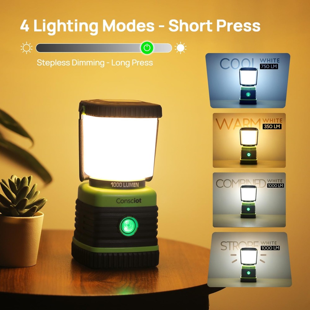 Consciot LED Battery Powered Camping Lantern, 1000LM, 4 2 Pack, Light Green