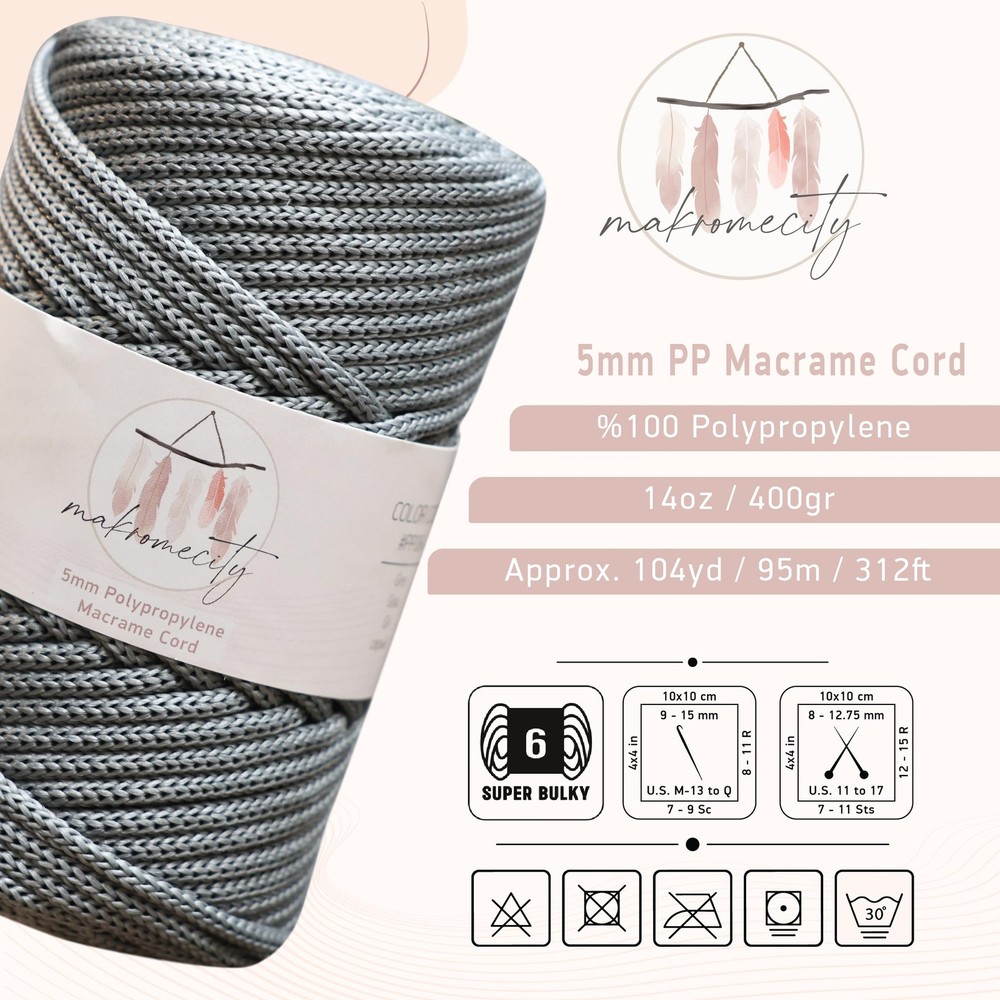 Premium Polyester Macrame Crochet Bag Cord For Crafts 5mm Polypropylene Grey