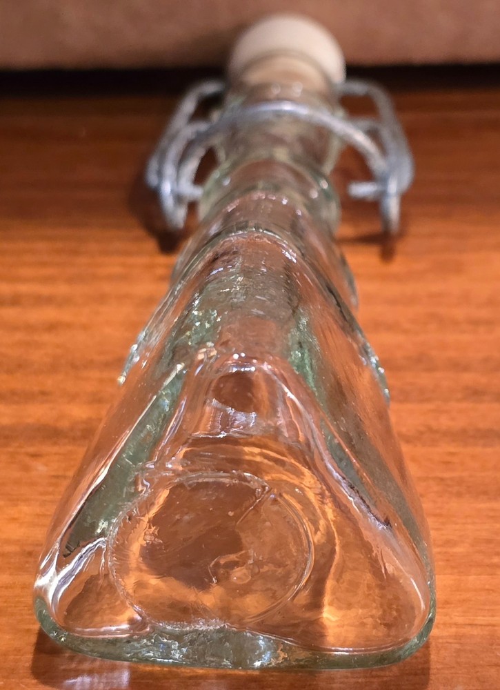 Vintage unusual glass, triangular bottle w/bail & stopper closure