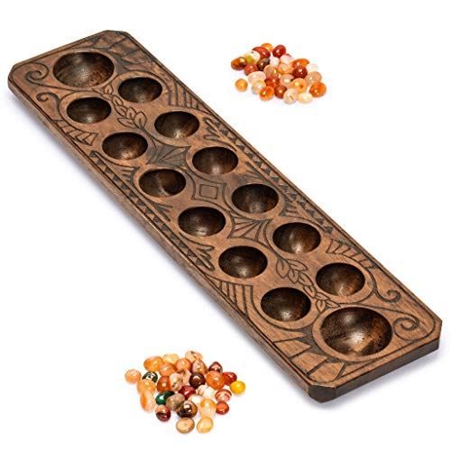 Mancala Set With Solid Wood Board and Quartz Pebble Playing Pieces