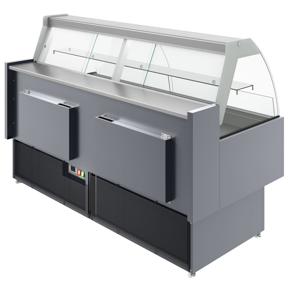 72" Curved glass fish case with refrigerated storage underneath