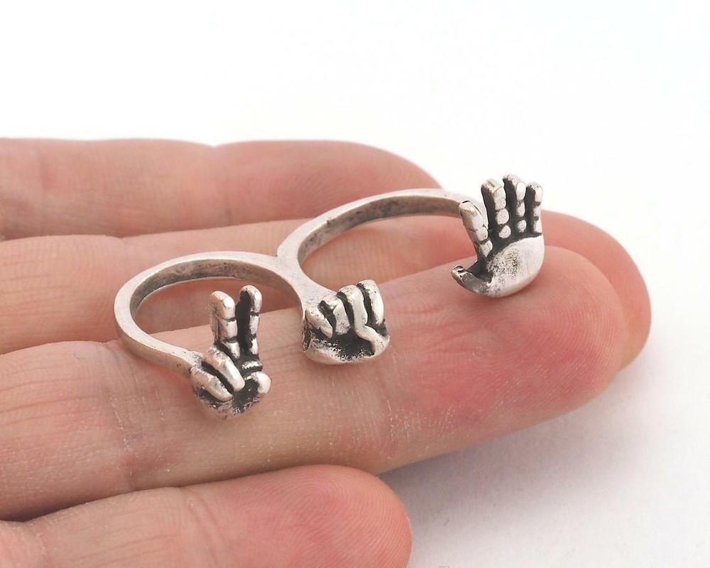 Rock paper scissors Adjustable Antique Silver Plated brass (8US size) 3807