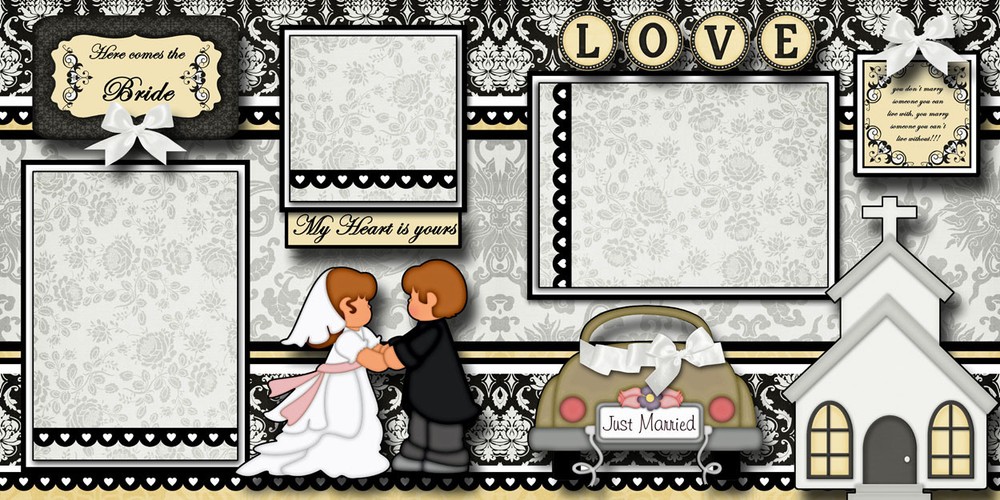 WEDDING ~ 2 premade scrapbook pages paper piecing layout printed BRIDE ~ Cherry