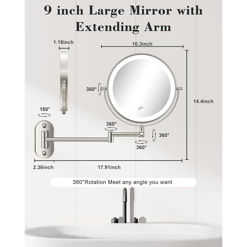 30X Magnifying Lighted Makeup Mirror Adjustable Height Cordless Metal Wall Mount