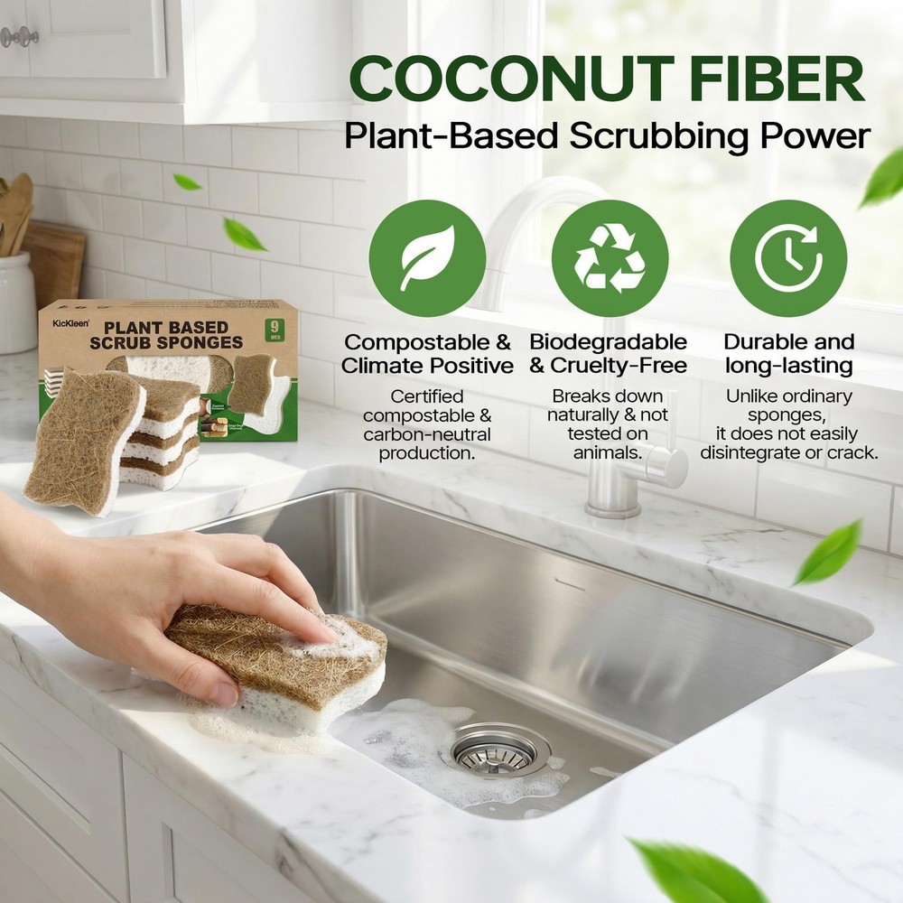 9 Pack Natural Biodegradable Kitchen Sponges Cellulose Walnut Scrubber Pads