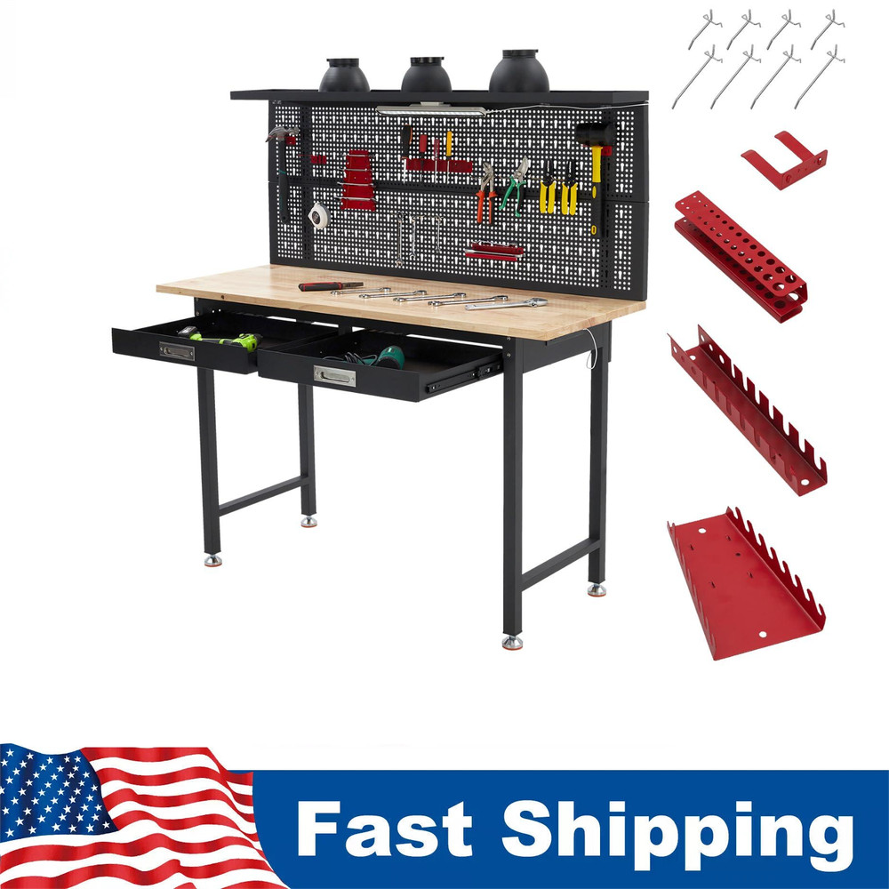 60" Adjustable Heavy Duty Workbench Work Table w/ Drawers & LED Light & Pegboard