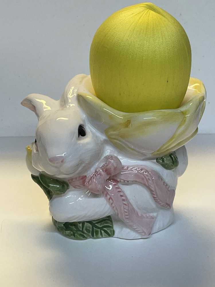 VTG Easter Bunny Rabbit Ceramic Egg Cup Holder Flower Pink Bow EUC 20% Off