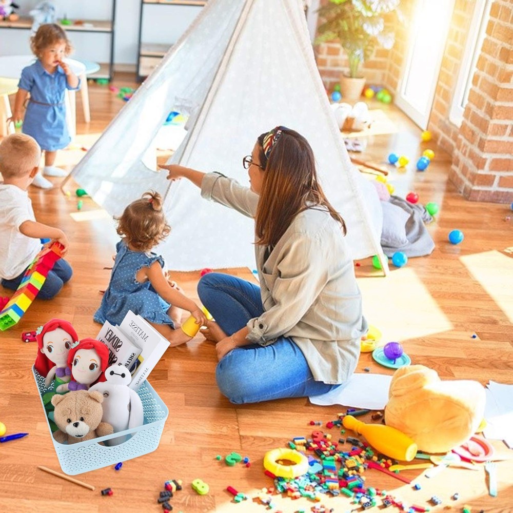3 Pack Plastic Storage Baskets with Handles, Wavy Fish Scale Pattern Hollow D...
