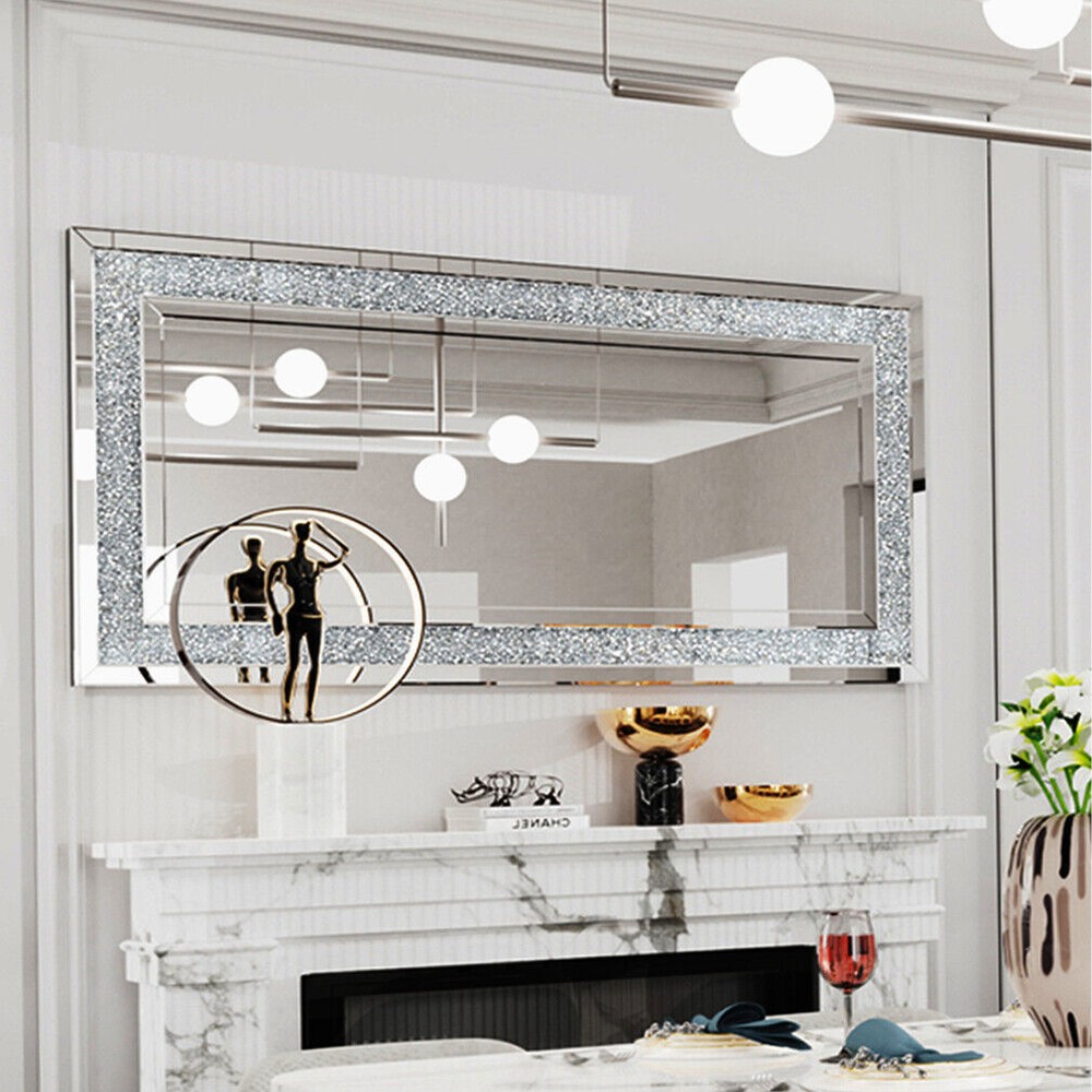 47In Rectangular Crushed Diamond Crystal Mirror Crystal Surround Silver Mirrors