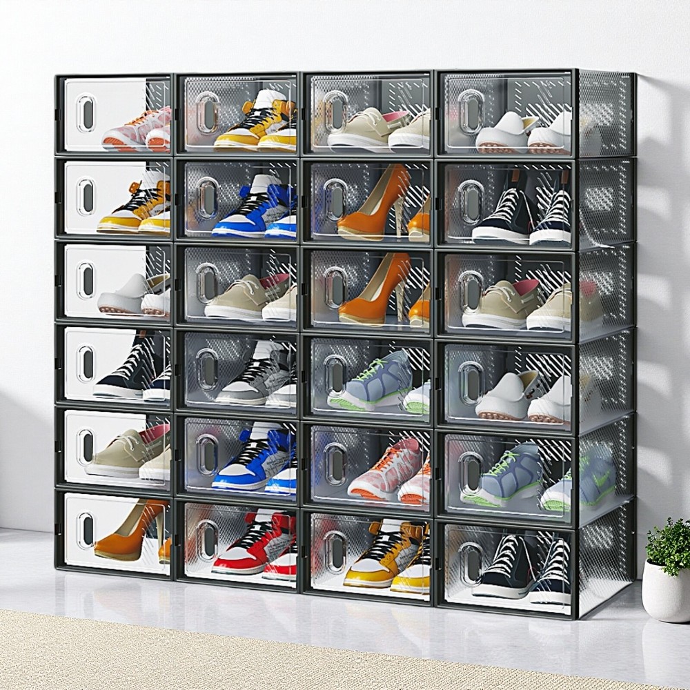 24-Pack Shoe Storage Boxes - Stackable, Door, Plastic Mesh, Black & Small Size