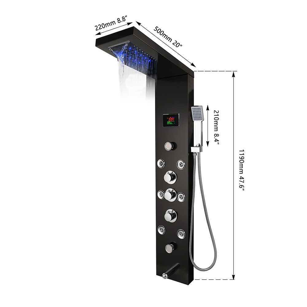 Bathroom Brushed Black ELD Massage Jets Shower Panel Digital Column Faucet Set